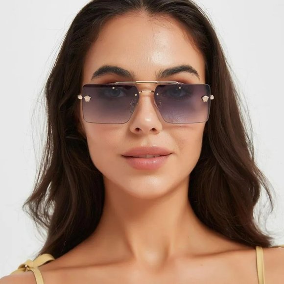 Versace VE2245 10028G Sunglasses Gold Gray Rectangle Rimless Metal Unisex main image 9